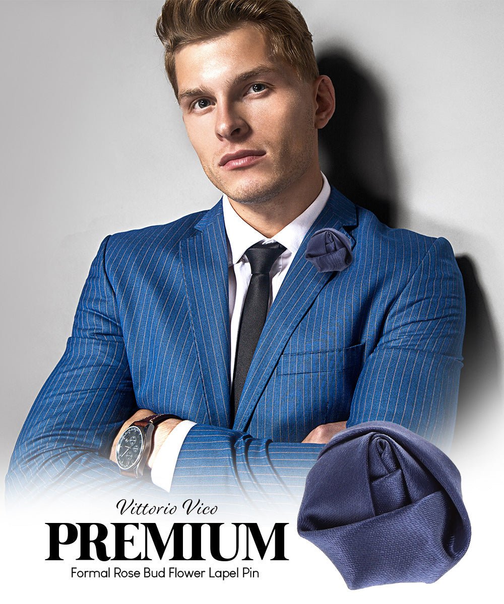 Rose Bud Flower Lapel Pin by Vittorio Vico (solidlapel - bud - navy) for Independent Retail Stores by Dubal Brothers