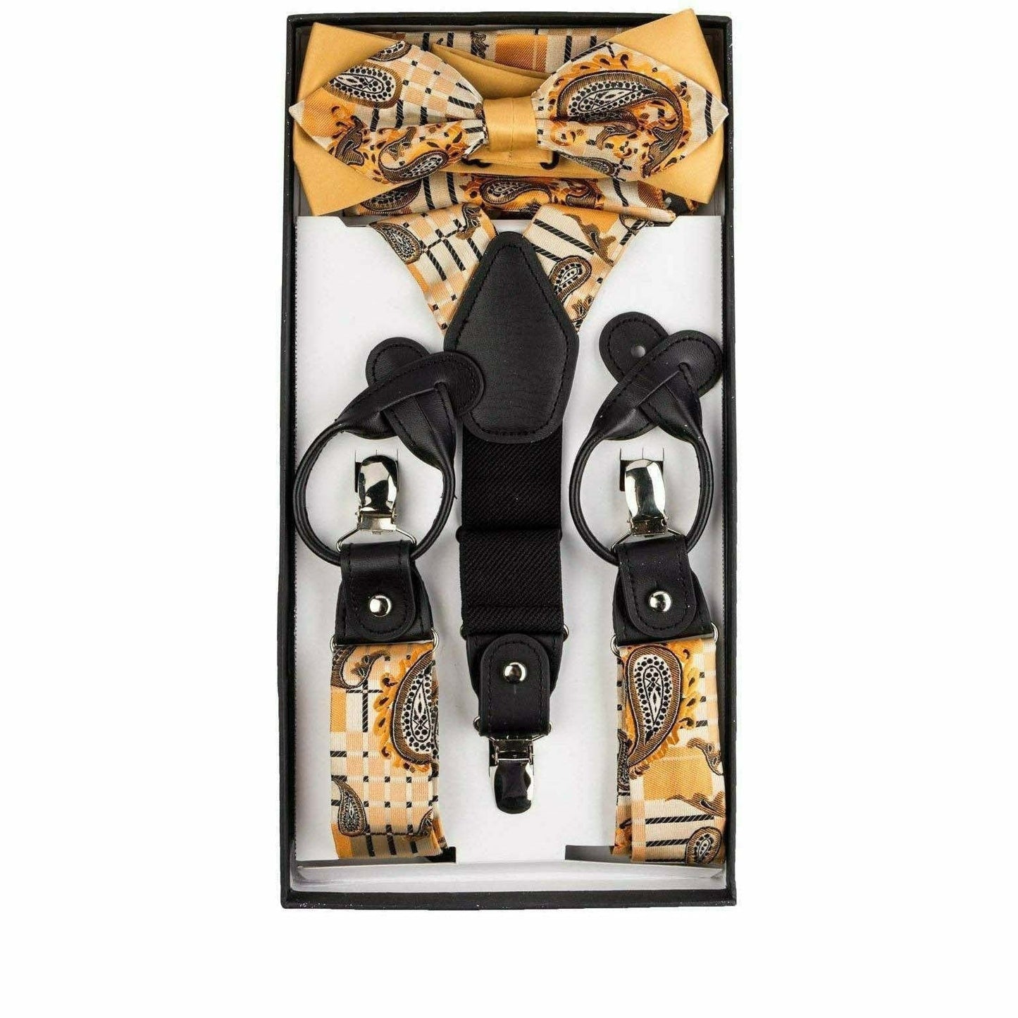 विटोरियो फ़रीना उपहार बॉक्स (पैस्ले सस्पेंडर, बो टाई और पॉकेट स्क्वायर सेट)