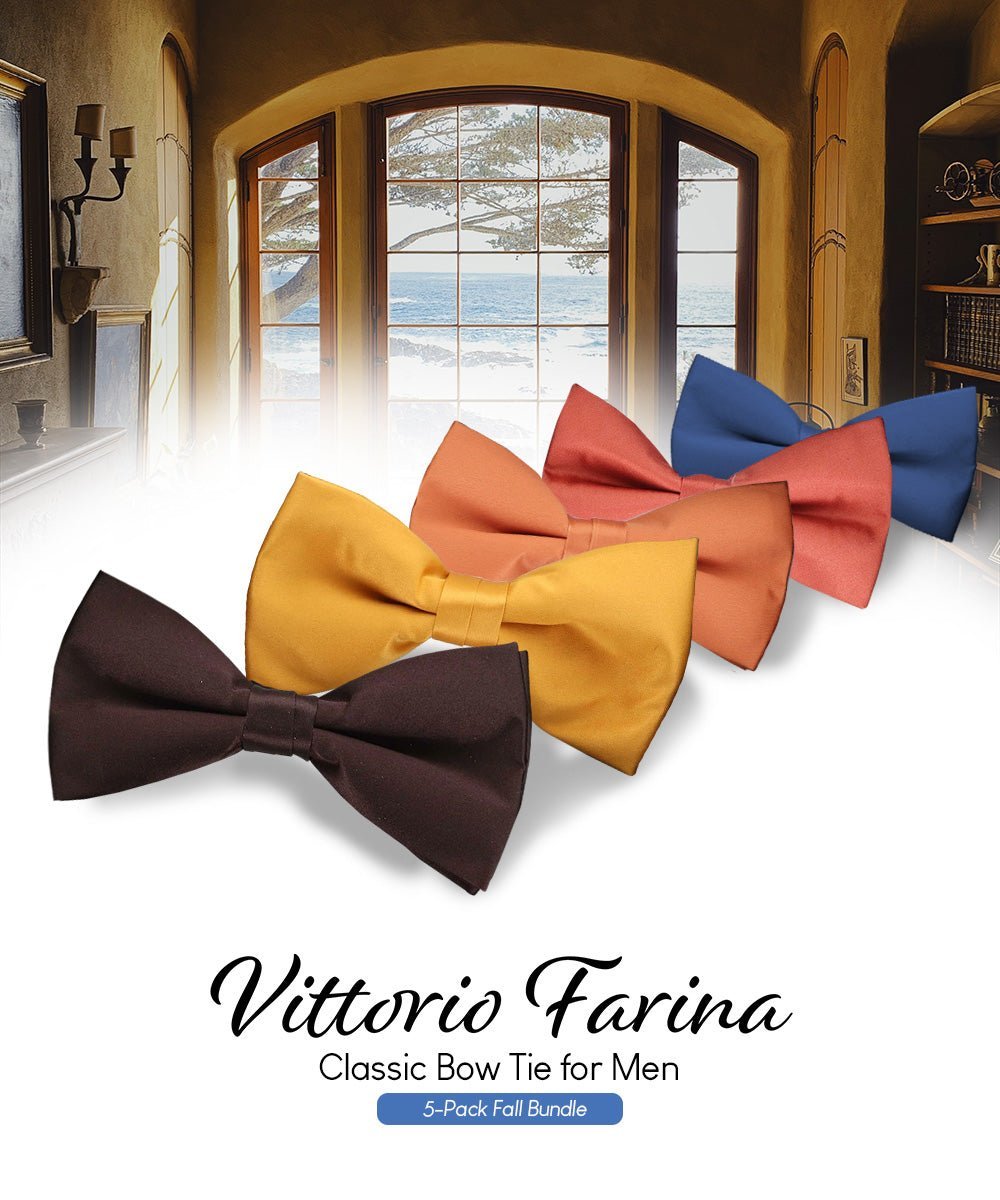Solid Bow Tie in a Box (Multipacks) by Vittorio Farina - Brown/Mustard/Burnt Orange/Rust Red/French Blue - Wholesale Bow Tie & Pocket Square by Dubal Brothers