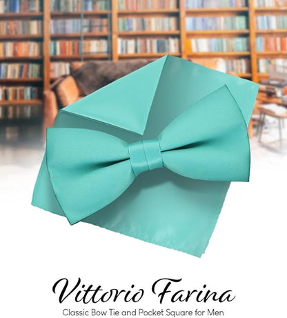 Solid Bow Tie & Pocket Square in a Box by Vittorio Farina (basic - bow - tie - hanky - aqua) for Independent Retail Stores by Dubal Brothers