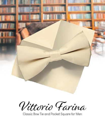 Solid Bow Tie & Pocket Square in a Box by Vittorio Farina (basic - bow - tie - hanky - beige) for Independent Retail Stores by Dubal Brothers