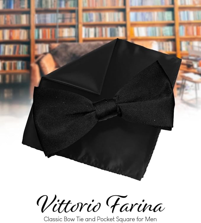 Solid Bow Tie & Pocket Square in a Box by Vittorio Farina (basic - bow - tie - hanky - black) for Independent Retail Stores by Dubal Brothers