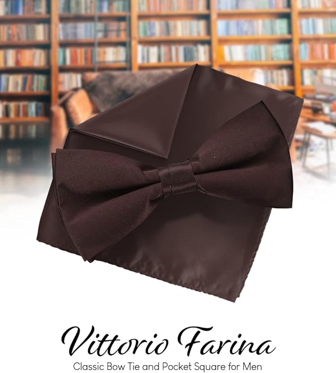 Solid Bow Tie & Pocket Square in a Box by Vittorio Farina (basic - bow - tie - hanky - brown) for Independent Retail Stores by Dubal Brothers