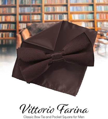 Solid Bow Tie & Pocket Square in a Box by Vittorio Farina (basic - bow - tie - hanky - brown) for Independent Retail Stores by Dubal Brothers