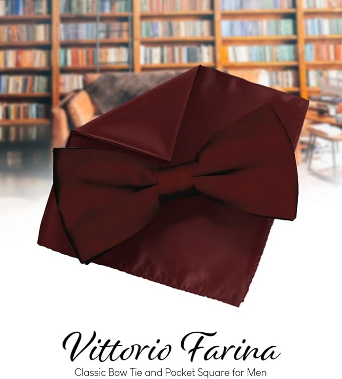 Solid Bow Tie & Pocket Square in a Box by Vittorio Farina (basic - bow - tie - hanky - burgundy) for Independent Retail Stores by Dubal Brothers