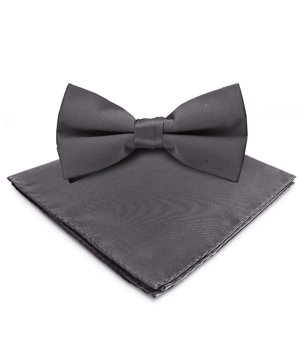 Solid Bow Tie & Pocket Square in a Box by Vittorio Farina (basic - bow - tie - hanky - charcoal) for Independent Retail Stores by Dubal Brothers