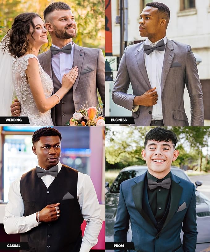 Solid Bow Tie & Pocket Square in a Box by Vittorio Farina (basic - bow - tie - hanky - charcoal) for Independent Retail Stores by Dubal Brothers