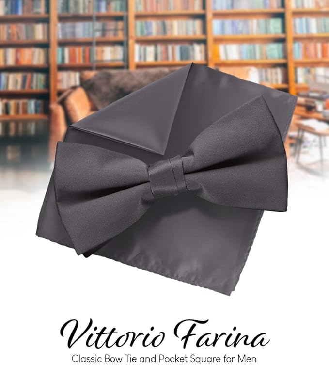 Solid Bow Tie & Pocket Square in a Box by Vittorio Farina (basic - bow - tie - hanky - charcoal) for Independent Retail Stores by Dubal Brothers