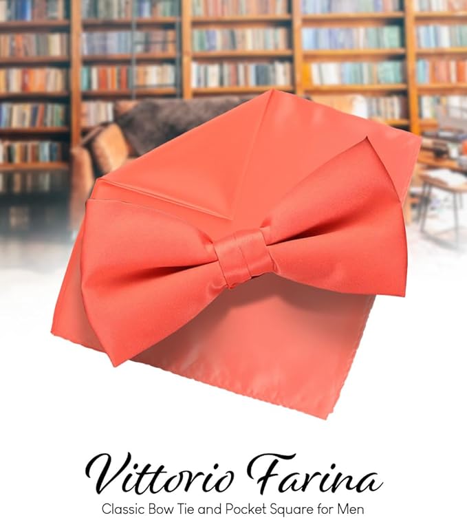 Solid Bow Tie & Pocket Square in a Box by Vittorio Farina (basic - bow - tie - hanky - coral) for Independent Retail Stores by Dubal Brothers