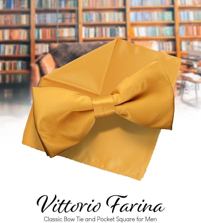 Solid Bow Tie & Pocket Square in a Box by Vittorio Farina (basic - bow - tie - hanky - gold) for Independent Retail Stores by Dubal Brothers