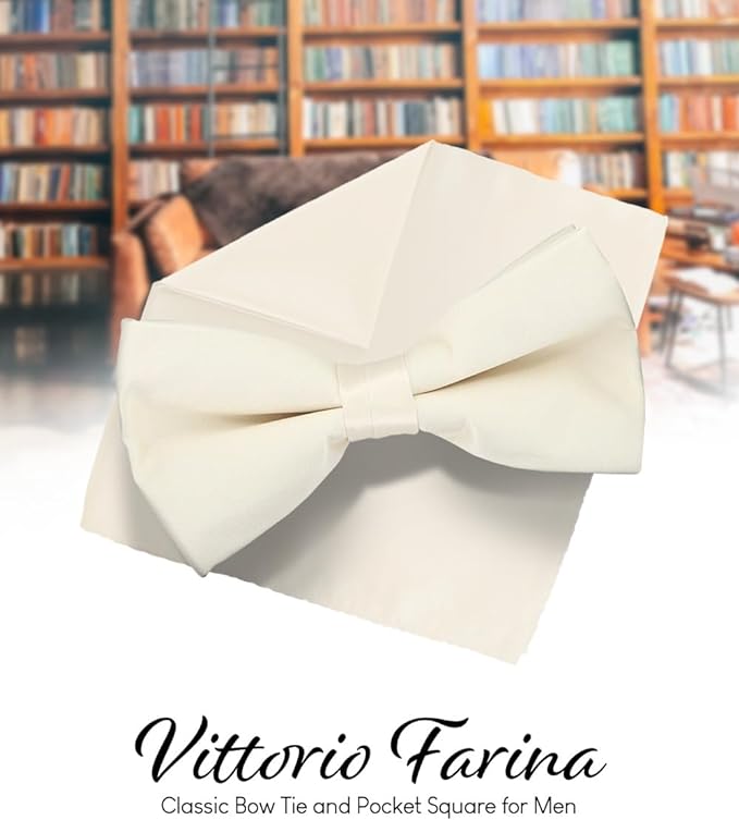 Solid Bow Tie & Pocket Square in a Box by Vittorio Farina (basic - bow - tie - hanky - ivory) for Independent Retail Stores by Dubal Brothers