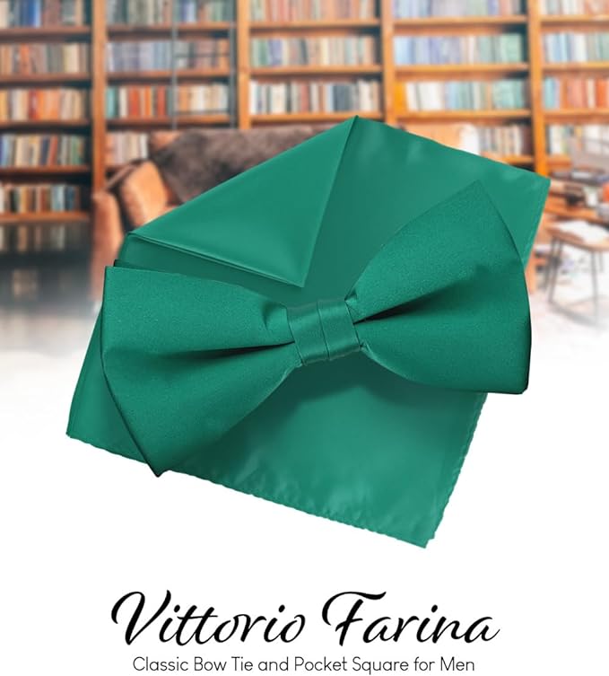 Solid Bow Tie & Pocket Square in a Box by Vittorio Farina (basic - bow - tie - hanky - kelly) for Independent Retail Stores by Dubal Brothers