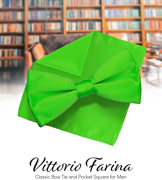 Solid Bow Tie & Pocket Square in a Box by Vittorio Farina (basic - bow - tie - hanky - lime) for Independent Retail Stores by Dubal Brothers
