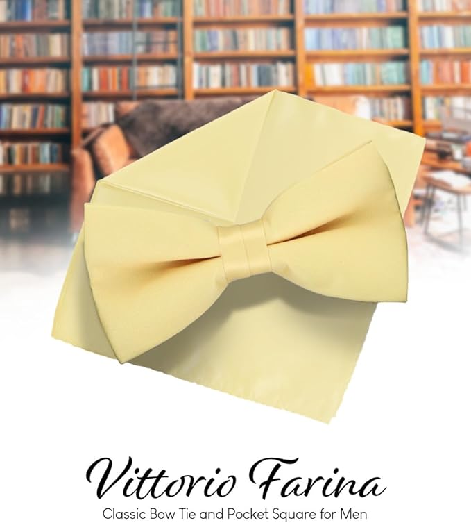 Solid Bow Tie & Pocket Square in a Box by Vittorio Farina (basic - bow - tie - hanky - maize) for Independent Retail Stores by Dubal Brothers