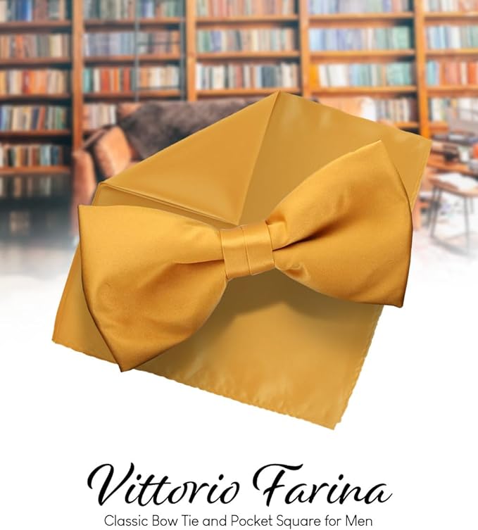 Solid Bow Tie & Pocket Square in a Box by Vittorio Farina (basic - bow - tie - hanky - mustard) for Independent Retail Stores by Dubal Brothers