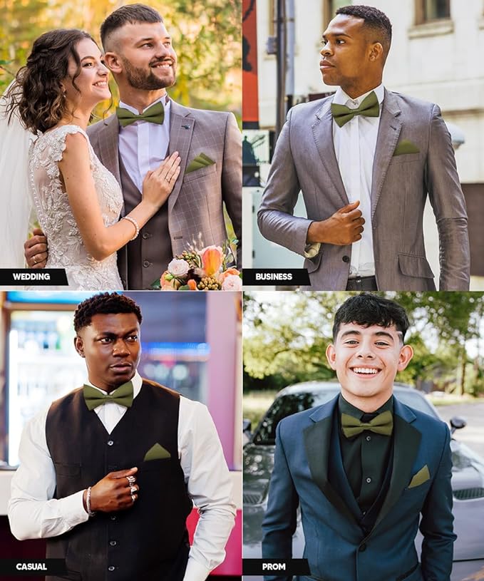 Solid Bow Tie & Pocket Square in a Box by Vittorio Farina (basic - bow - tie - hanky - olive) for Independent Retail Stores by Dubal Brothers