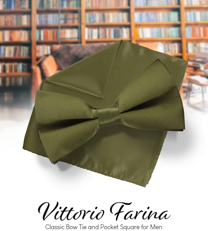 Solid Bow Tie & Pocket Square in a Box by Vittorio Farina (basic - bow - tie - hanky - olive) for Independent Retail Stores by Dubal Brothers