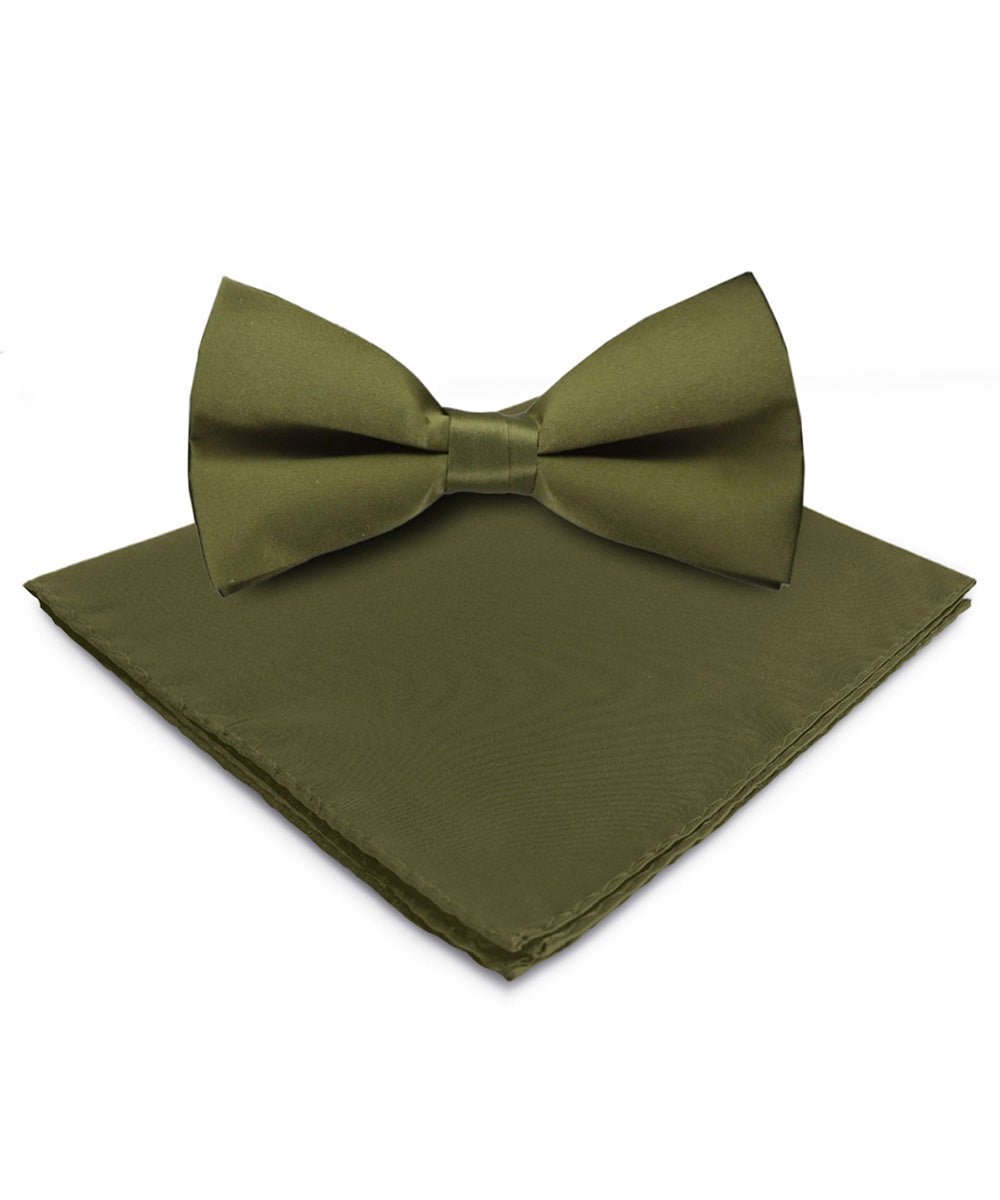 Solid Bow Tie & Pocket Square in a Box by Vittorio Farina (basic - bow - tie - hanky - olive) for Independent Retail Stores by Dubal Brothers