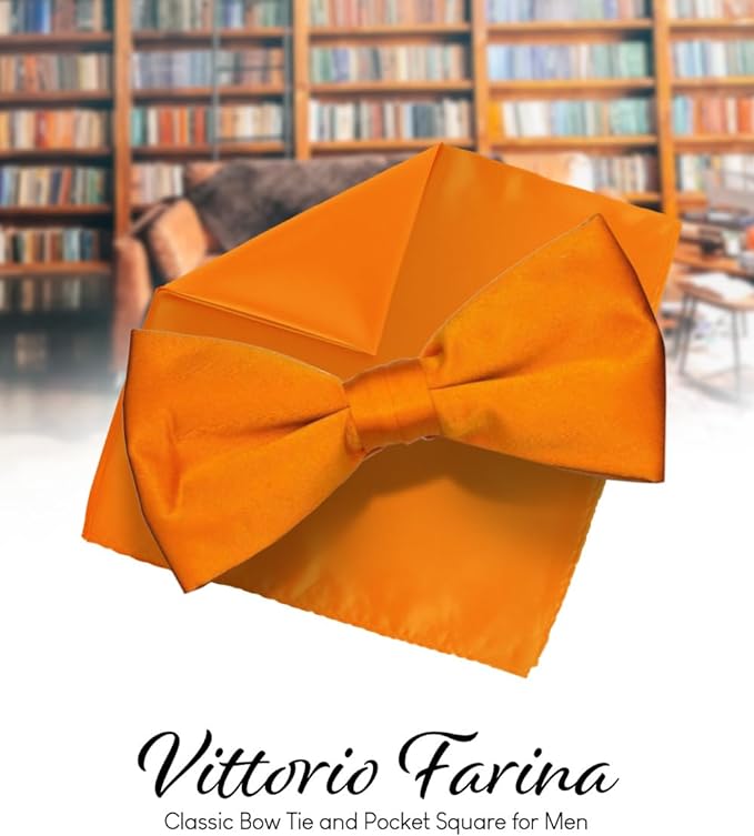 Solid Bow Tie & Pocket Square in a Box by Vittorio Farina (basic - bow - tie - hanky - orange) for Independent Retail Stores by Dubal Brothers