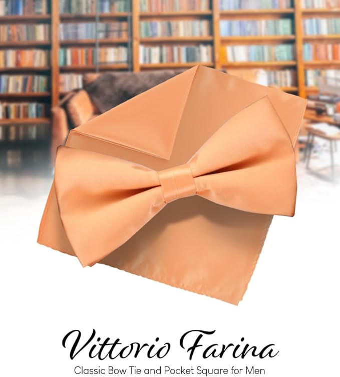 Solid Bow Tie & Pocket Square in a Box by Vittorio Farina (basic - bow - tie - hanky - peach) for Independent Retail Stores by Dubal Brothers