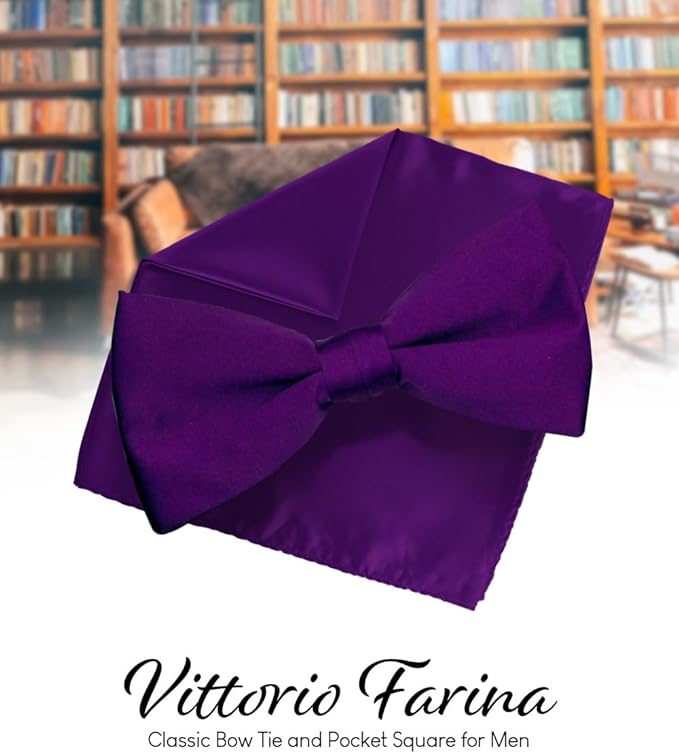 Solid Bow Tie & Pocket Square in a Box by Vittorio Farina (basic - bow - tie - hanky - purple) for Independent Retail Stores by Dubal Brothers
