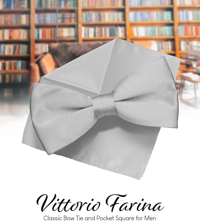 Solid Bow Tie & Pocket Square in a Box by Vittorio Farina (basic - bow - tie - hanky - silver) for Independent Retail Stores by Dubal Brothers