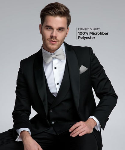 Solid Bow Tie & Pocket Square in a Box by Vittorio Farina (basic - bow - tie - hanky - silver) for Independent Retail Stores by Dubal Brothers