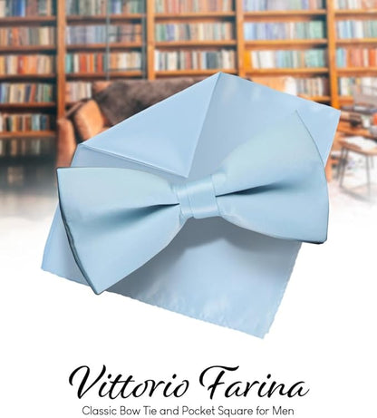 Solid Bow Tie & Pocket Square in a Box by Vittorio Farina (basic - bow - tie - hanky - sky) for Independent Retail Stores by Dubal Brothers
