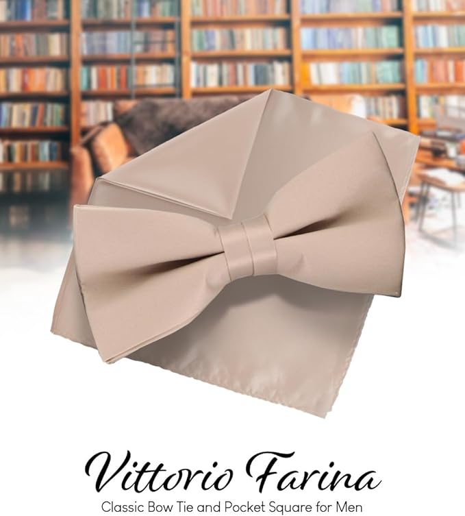 Solid Bow Tie & Pocket Square in a Box by Vittorio Farina (basic - bow - tie - hanky - taupe) for Independent Retail Stores by Dubal Brothers