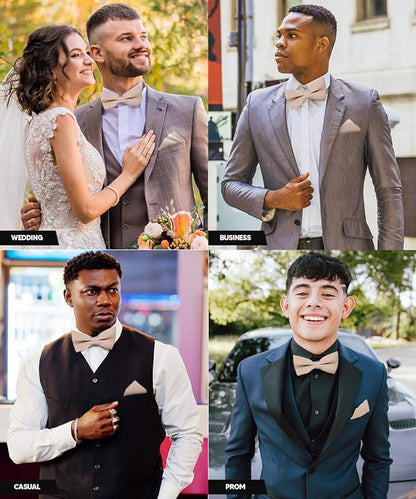 Solid Bow Tie & Pocket Square in a Box by Vittorio Farina (basic - bow - tie - hanky - taupe) for Independent Retail Stores by Dubal Brothers