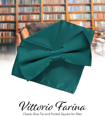 Solid Bow Tie & Pocket Square in a Box by Vittorio Farina (basic - bow - tie - hanky - teal) for Independent Retail Stores by Dubal Brothers