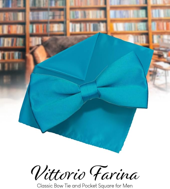 Solid Bow Tie & Pocket Square in a Box by Vittorio Farina (basic - bow - tie - hanky - turquoise) for Independent Retail Stores by Dubal Brothers