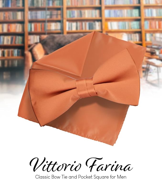 Solid Bow Tie & Pocket Square in a Box by Vittorio Farina (basic - bow - tie - hanky - UT - orange) for Independent Retail Stores by Dubal Brothers