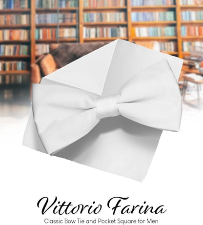 Solid Bow Tie & Pocket Square in a Box by Vittorio Farina (basic - bow - tie - hanky - white) for Independent Retail Stores by Dubal Brothers