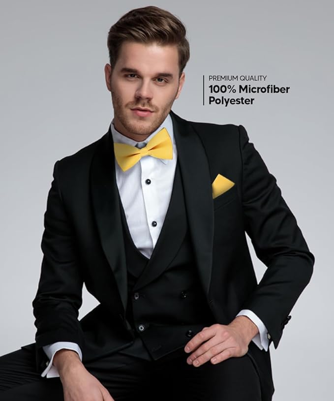 Solid Bow Tie & Pocket Square in a Box by Vittorio Farina (basic - bow - tie - hanky - yellow) for Independent Retail Stores by Dubal Brothers