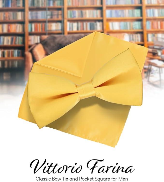 Solid Bow Tie & Pocket Square in a Box by Vittorio Farina (basic - bow - tie - hanky - yellow) for Independent Retail Stores by Dubal Brothers