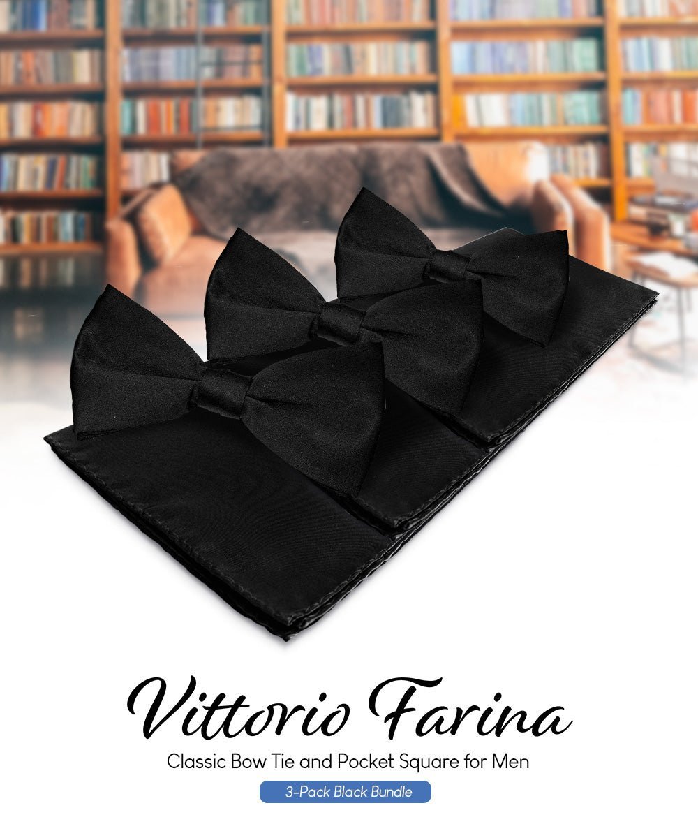 Solid Bow Tie & Pocket Square in a Box (Multipacks) by Vittorio Farina - Black - Wholesale Bow Tie & Pocket Square by Dubal Brothers