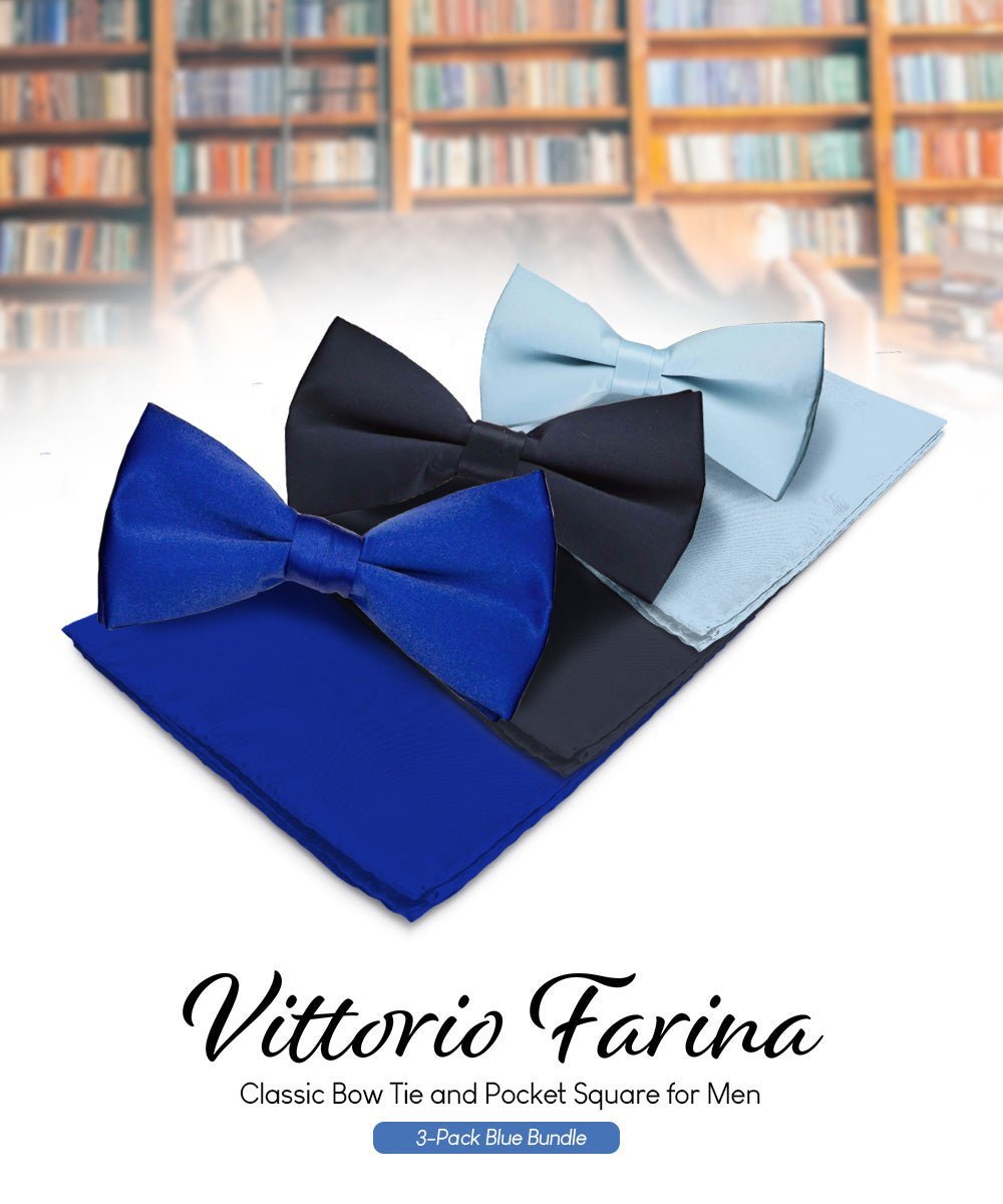 Solid Bow Tie & Pocket Square in a Box (Multipacks) by Vittorio Farina - Royal Blue/Navy Blue/Sky Blue - Wholesale Bow Tie & Pocket Square by Dubal Brothers