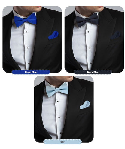 Solid Bow Tie & Pocket Square in a Box (Multipacks) by Vittorio Farina - Royal Blue/Navy Blue/Sky Blue - Wholesale Bow Tie & Pocket Square by Dubal Brothers