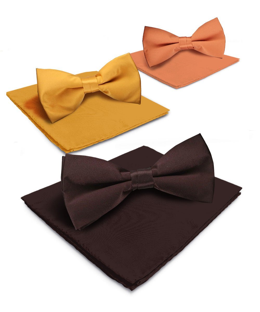 Solid Bow Tie & Pocket Square in a Box (Multipacks) by Vittorio Farina - Brown/Mustard/Burnt Orange - Wholesale Bow Tie & Pocket Square by Dubal Brothers