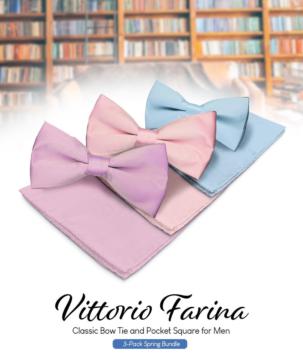 Solid Bow Tie & Pocket Square in a Box (Multipacks) by Vittorio Farina - Sky Blue/Pink/Lavender - Wholesale Bow Tie & Pocket Square by Dubal Brothers
