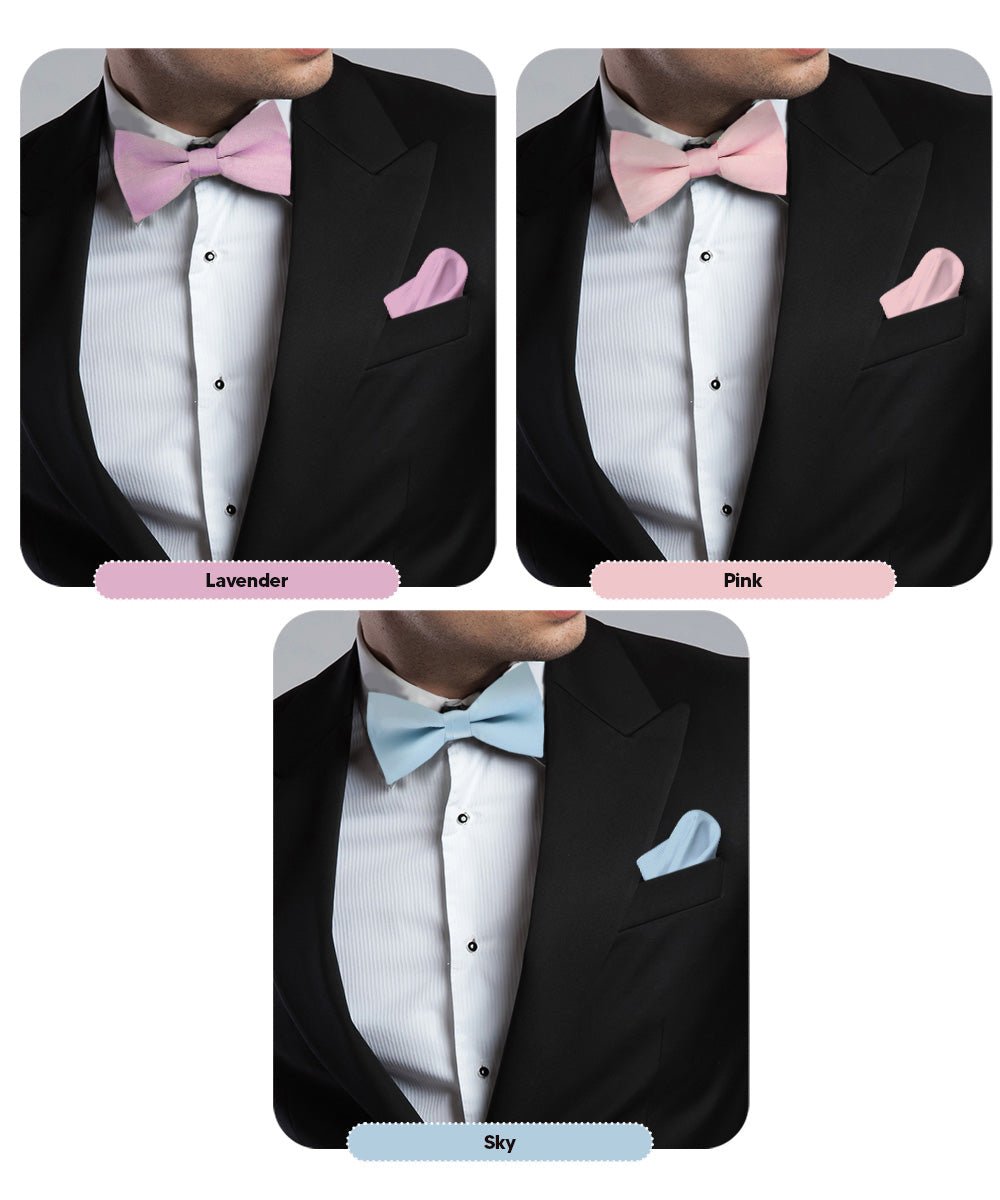 Solid Bow Tie & Pocket Square in a Box (Multipacks) by Vittorio Farina - Sky Blue/Pink/Lavender - Wholesale Bow Tie & Pocket Square by Dubal Brothers