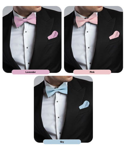 Solid Bow Tie & Pocket Square in a Box (Multipacks) by Vittorio Farina - Sky Blue/Pink/Lavender - Wholesale Bow Tie & Pocket Square by Dubal Brothers