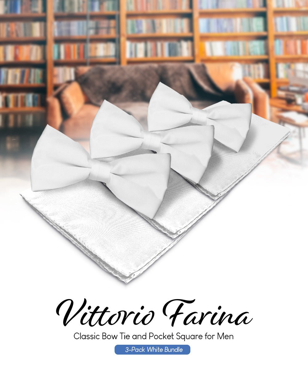 Solid Bow Tie & Pocket Square in a Box (Multipacks) by Vittorio Farina - White - Wholesale Bow Tie & Pocket Square by Dubal Brothers