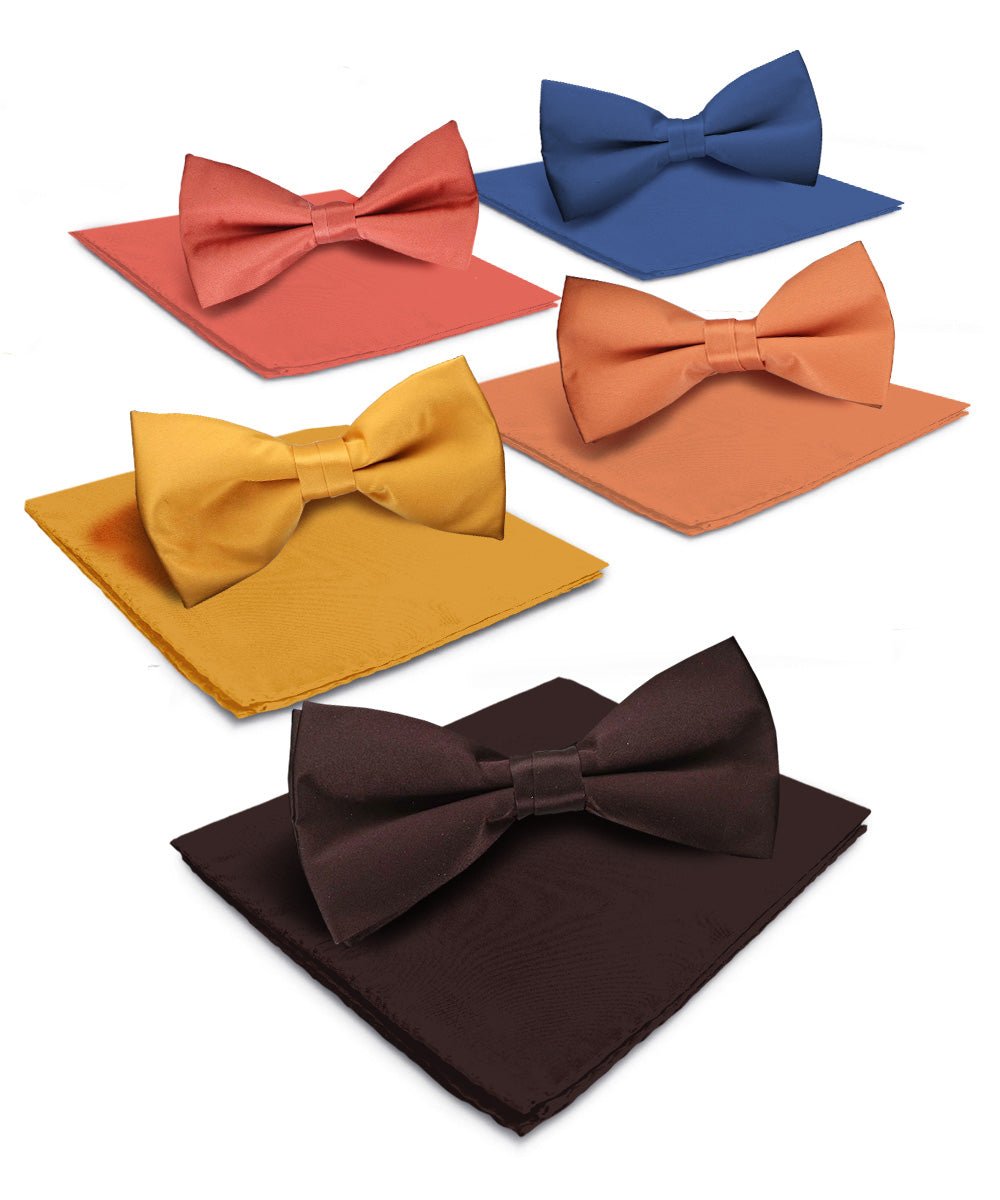 Solid Bow Tie & Pocket Square in a Box (Multipacks) by Vittorio Farina - Brown/Mustard/Burnt Orange/Rust Red/Navy Blue - Wholesale Bow Tie & Pocket Square by Dubal Brothers