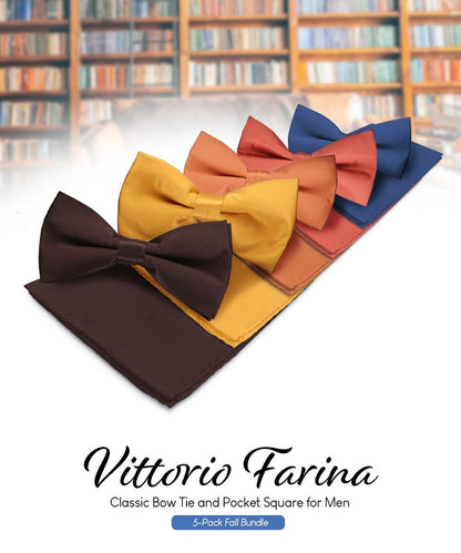 Solid Bow Tie & Pocket Square in a Box (Multipacks) by Vittorio Farina - Brown/Mustard/Burnt Orange/Rust Red/Navy Blue - Wholesale Bow Tie & Pocket Square by Dubal Brothers