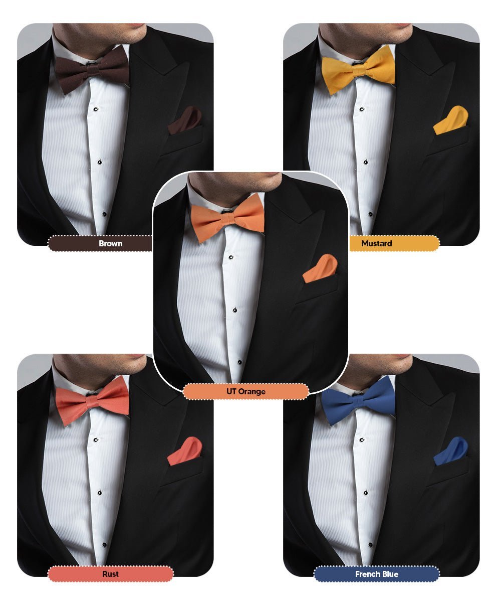 Solid Bow Tie & Pocket Square in a Box (Multipacks) by Vittorio Farina - Brown/Mustard/Burnt Orange/Rust Red/Navy Blue - Wholesale Bow Tie & Pocket Square by Dubal Brothers