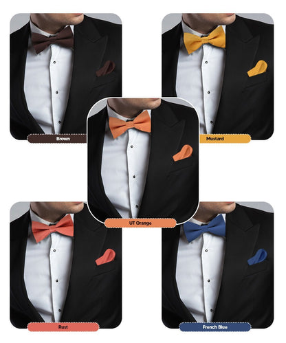 Solid Bow Tie & Pocket Square in a Box (Multipacks) by Vittorio Farina - Brown/Mustard/Burnt Orange/Rust Red/Navy Blue - Wholesale Bow Tie & Pocket Square by Dubal Brothers