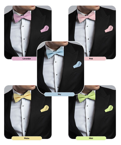 Solid Bow Tie & Pocket Square in a Box (Multipacks) by Vittorio Farina - Sky Blue/Pink/Lavender/Maize/Mint Green - Wholesale Bow Tie & Pocket Square by Dubal Brothers