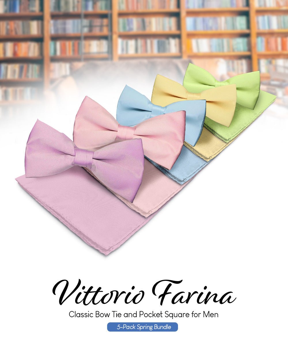 Solid Bow Tie & Pocket Square in a Box (Multipacks) by Vittorio Farina - Sky Blue/Pink/Lavender/Maize/Mint Green - Wholesale Bow Tie & Pocket Square by Dubal Brothers